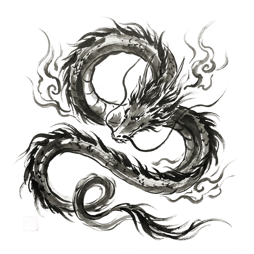 Ink dragon creature - a sumi-e style serpentine dragon